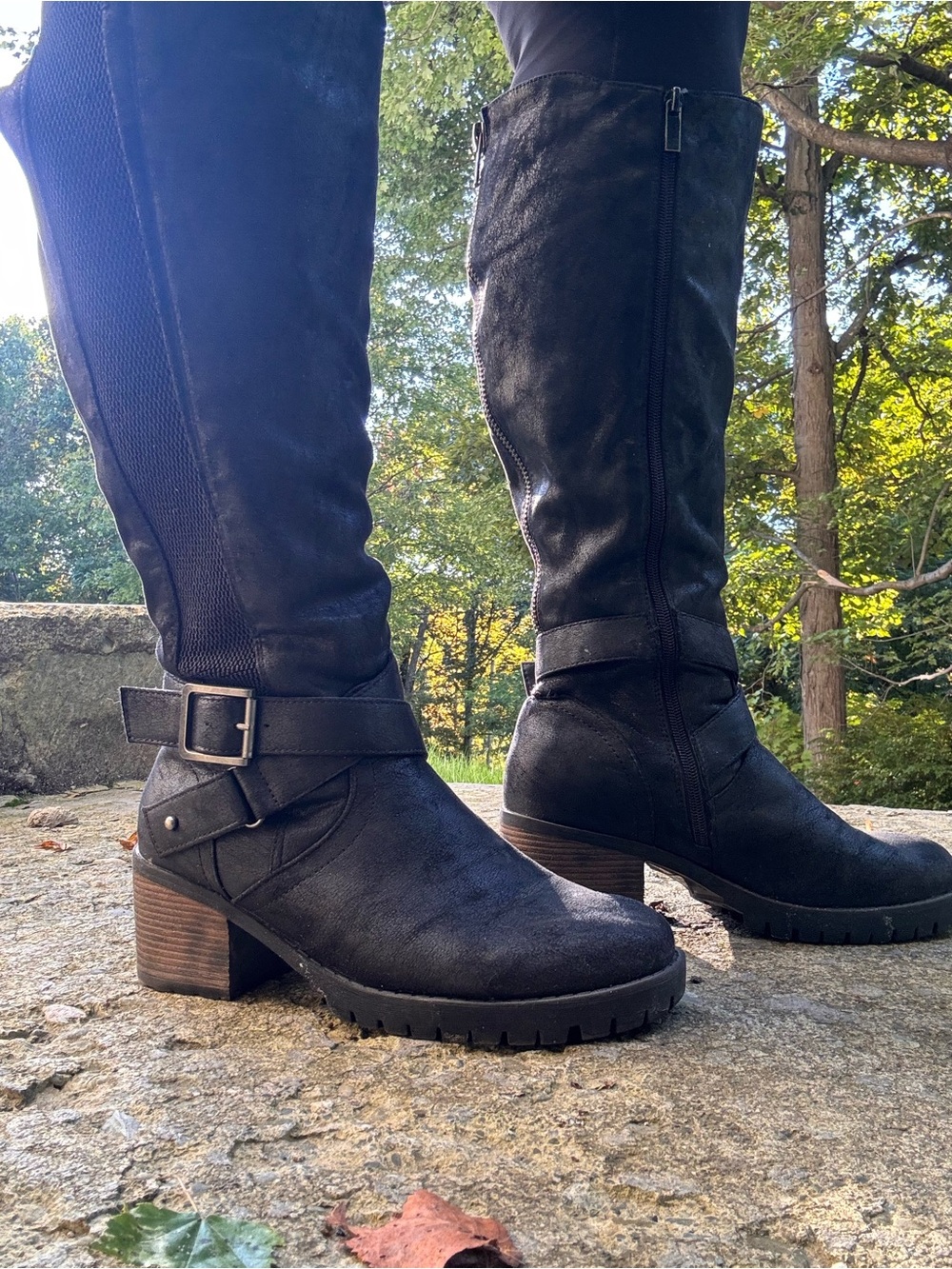 *Wide Calf* Women's Black Knee-High Buckle Heeled Boots